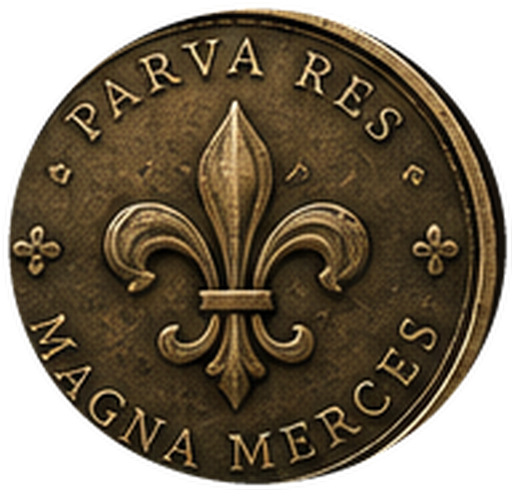 The Quattrino coin — back face with fleur-de-lis and the motto Parva Res, Magna Merces